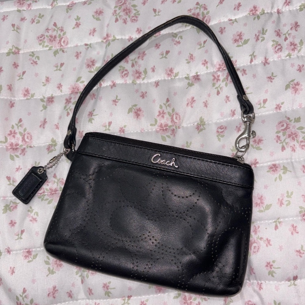 Coach Black Leather Ashley Wristlet with Signature Perforated Pattern
